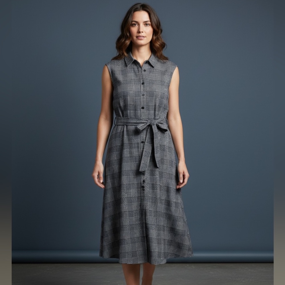 Calvin Klein Normcore Preppy Herringbone Business Button Up Midi Dress 8 Pockets